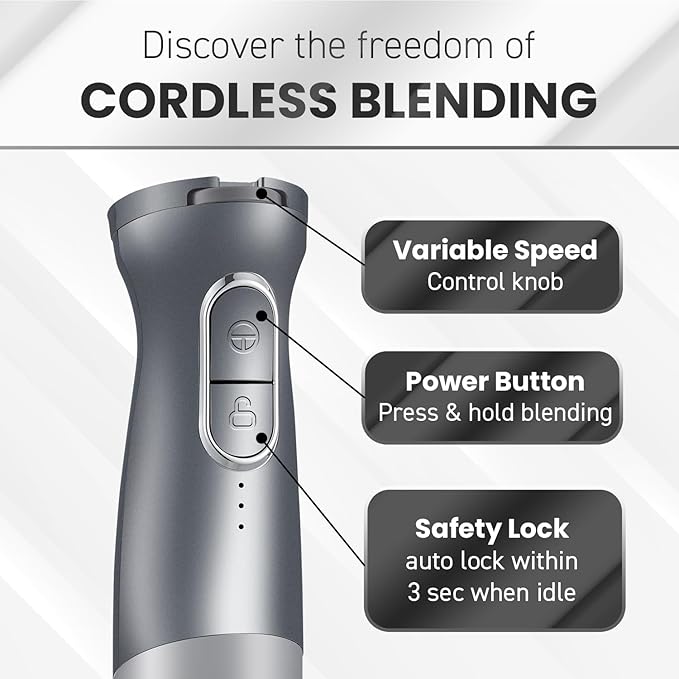 Elite Gourmet EHB1300 Cordless, Rechargeable Hand Blender, Variable Speed Blending with One-Touch Power Button, Stainless Steel Blades, Portable, Easy Control Stick Mixer, Baby Food, Charcoal Grey