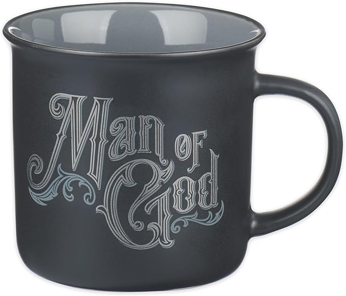 Christian Art Gifts Charcoal Gray Camp-Style Ceramic Coffee Mug – 13 oz. Lead and Cadmium-Free Non-Toxic Inspirational Scripture Coffee and Tea Mug for Men with Bible Verse: Man of God –1 Timothy 6:11