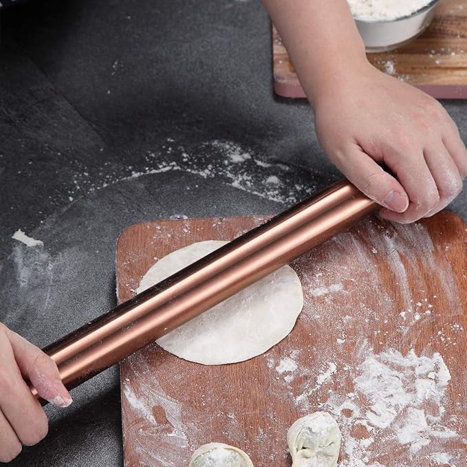 Berglander Rose Gold Rolling Pin, 16.7 Inches Stainless Steel Matte Finish With Rose Gold Titanium Plating Copper Rolling Pin For Baking, Pizza, Dough, Pie, Cookie, Gift Ideas For Bakers.