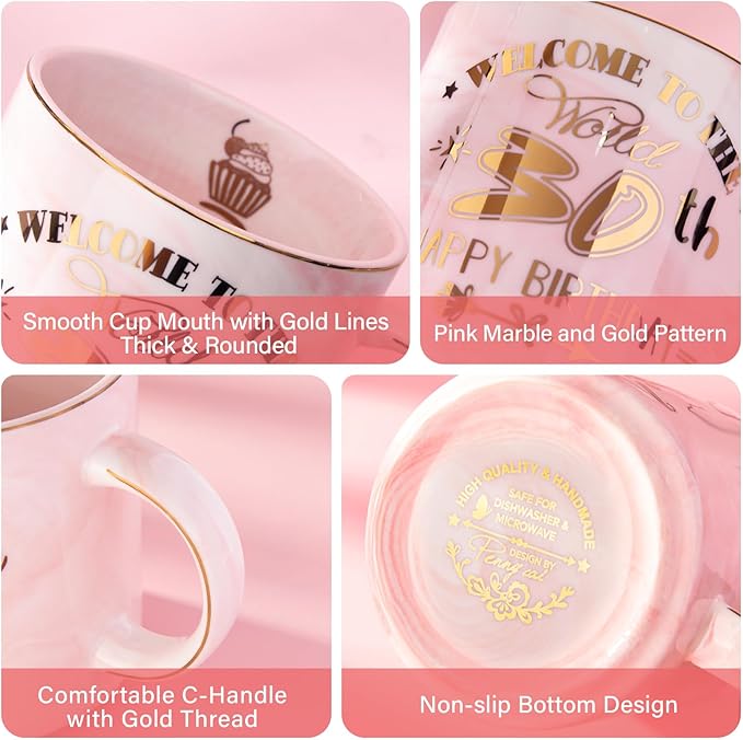 30th Birthday Gifts for Women, Unique Happy 30 Year Old Birthday Gifts Ideas for Women, Wife, Mom, Daughter, Sister, Aunt, Best Friends, BFF, 14Oz Fabulous Pink Marble Mug with Gold Pattern, Gift Box