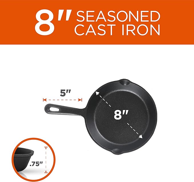 Commercial CHEF 3-Piece Cast Iron Skillet Set – 8 inch, 10 inch, and 12 inch - Pre-seasoned Cast Iron Cookware