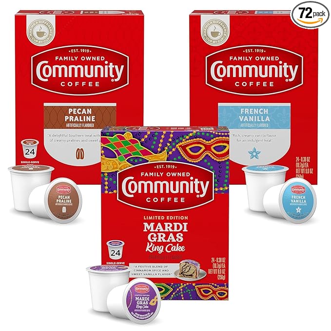 Community Coffee Flavored Pods Variety Pack,72 Count, Medium Roast and Flavored, Compatible with Keurig 2.0 K-Cup Brewers (24 Count, Pack of 3)