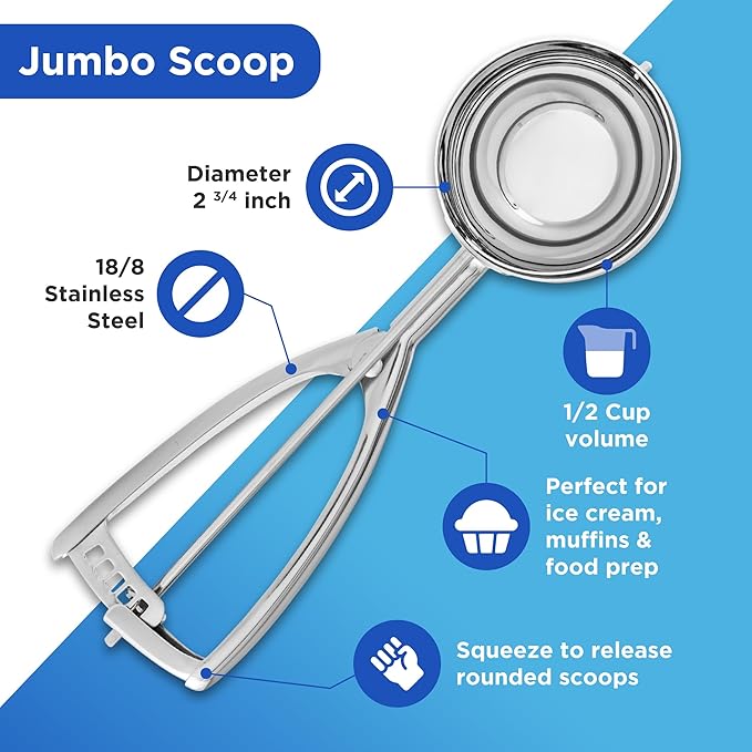 Jenaluca Jumbo Ice Cream Scoop - Cupcake and Muffin Scooper - 1/2 Cup Disher Size #8 scooper for icecream, batter & food portions