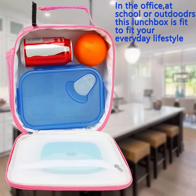 FlowFly Kids Lunch box Insulated Soft Bag Mini Cooler Back to School Thermal Meal Tote Kit for Girls, Boys, PU Pink