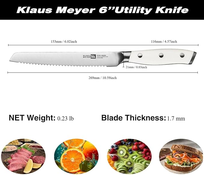 Klaus Meyer Stahl High Carbon Exclusive German Steel 6 inch Utility Serrated Knife (White)