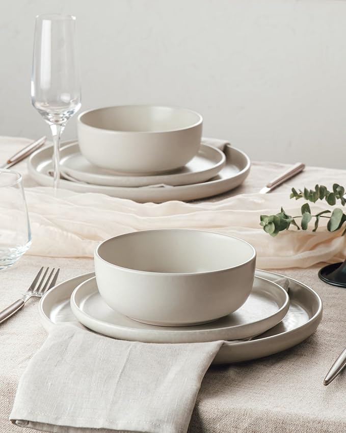 Famiware Milkyway Stoneware Dinnerware Sets with Pasta Bowls, Service for 4 (16 Pieces), Reactive Glaze Plates and Bowls Sets, Microwave and Dishwasher Safe Dishes Set, Matte Beige White