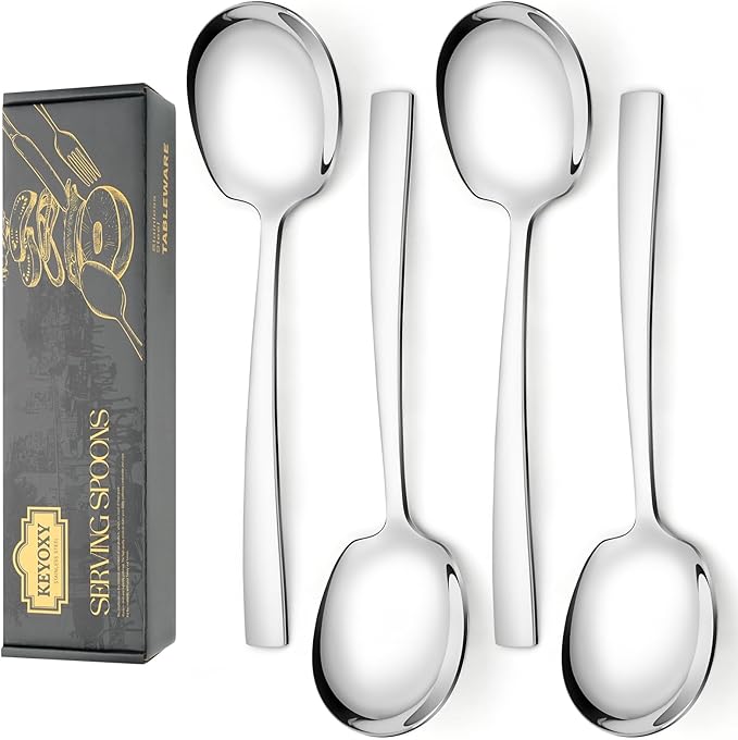 4 Piece Stainless Steel Serving Spoons Set - 4 Large Spoons, 9.2-Inch, Dishwasher Safe, for Parties/Kitchen/Buffet/Catering
