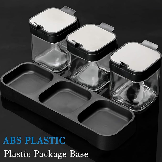 Mlici Condiment Jar Spice Container with Lids and Spoons, 8.6oz Clear Glass Condiment Canisters Pots Seasoning Box Salt Container Sugar Bowl Set of 3 for Kitchen, Containers, Black