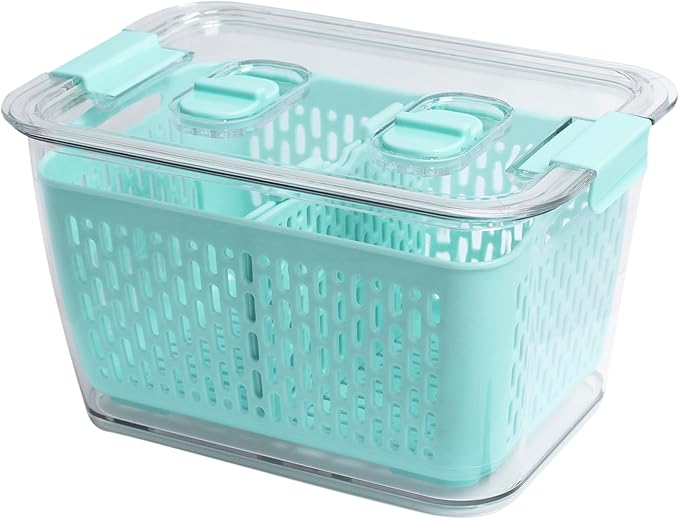 Kitchen Spaces Colander Bin, Produce Saver, Fridge Organizer With Lid, Wash, Strain and Store, Great for Refrigerator, Freezer and Pantry, Medium, Mint Green, Pack of 1