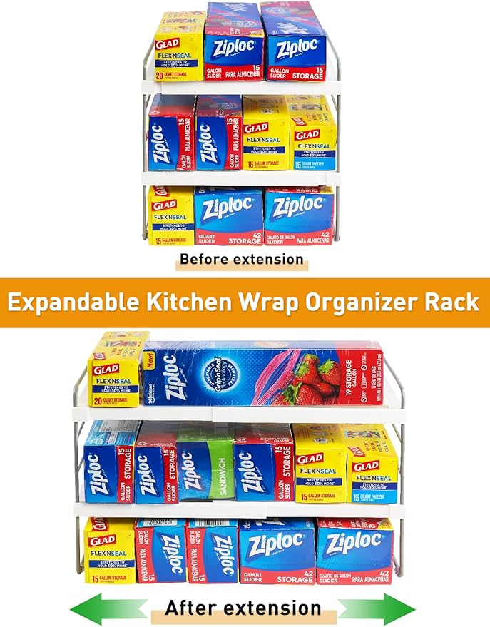 JUPELI Foil and Plastic Wrap Organizer, Expandable Kitchen Pantry Storage, Height Adjustable Cabinet Rack for Kitchen Organization, Aluminum Foil -3 Tier 9.8" to 15.6"L