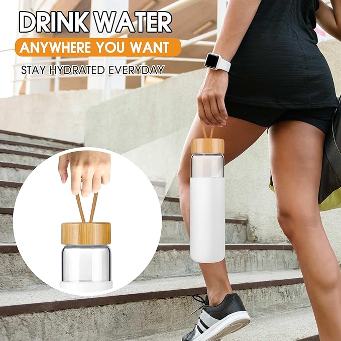 25 Oz Borosilicate Glass Water Bottles with Silicone Sleeve BPA Free, Dishwasher Safe - Reusable Clear Glass Drinking with Leak Proof Bamboo Lid | Perfect Gym Water Bottles for Men & Women