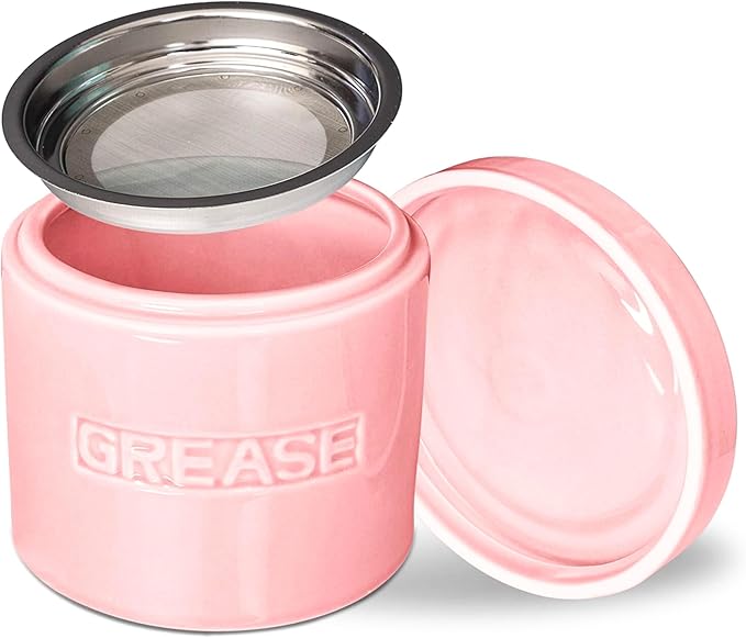 Bacon Grease Saver with Strainer - Ceramic Grease Container 1L Storage Canister | Holds Bacon Fat Drippings | Oil Keeper for Kitchen Counter Storage