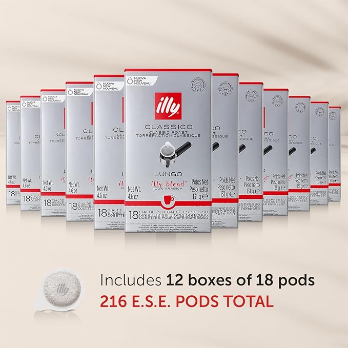 illy E.S.E. Single-Serve Espresso Paper Pods - Classico Lungo Roast, Notes Of Caramel, Orange Blossom & Jasmine - For ESE Coffee Machines – 18 Count, 12 Pack