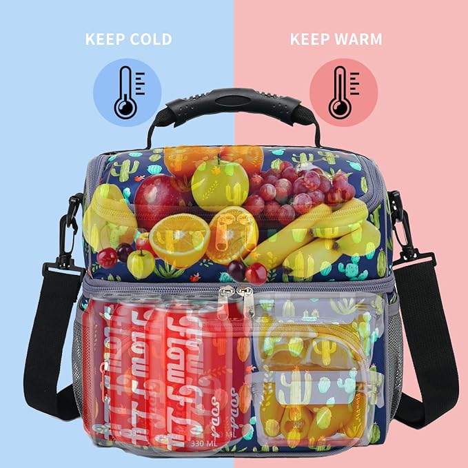 FlowFly Double Layer Cooler Insulated Lunch Bag Adult Lunch Box Large Tote Bag for Men, Women, With Adjustable Strap,Front Pocket and Dual Large Mesh Side Pockets