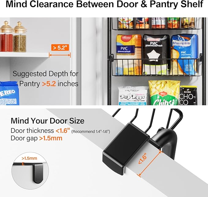 Delamu Over the Door Pantry Organizer, 6-Tier Metal Pantry Door Organization and Storage, Hanging Kitchen Basket Spice Rack Seasoning Shelves, Cabinet Door Organizer for Easy Install,D5xW18xH50inch