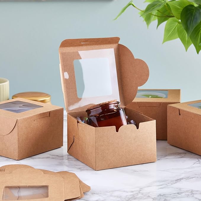 Juvale Cookie Boxes with Window - 50 Pack, 4 x 4 x 2.5 in Brown Cardboard - Pastry Containers & Cupcake Box for Baked Goods Packaging - Mini Treat Holders