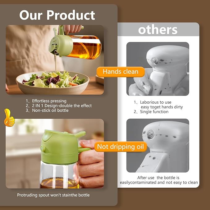 16oz/470ml Oil Dispenser and Oil Sprayer, Glass Olive Oil Pourer for Kitchen, Air Fryer, Cooking, Salad, BBQ(Green)
