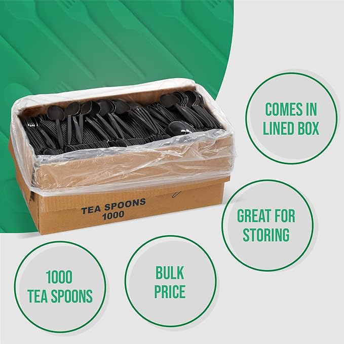 1,000 Plastic Disposable Tea spoons Bulk Black Medium Weight Disposable Silverware Plastic Cutlery Tea Spoons