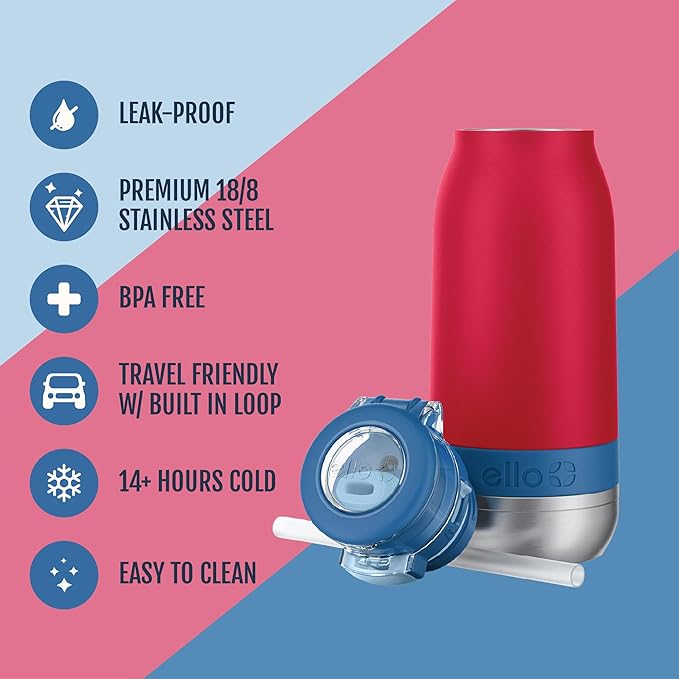 Ello Emma 14oz Vacuum Insulated Stainless Steel Kids Water Bottle with Straw and Built-in Carrying Handle and Leak-Proof Locking Lid for School Backpack, Lunchbox and Outdoor Sports