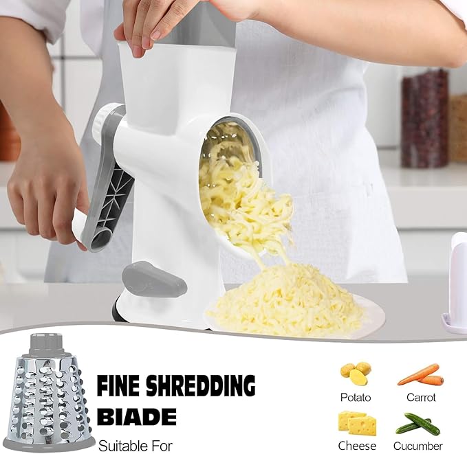 Cheese Grater MultiFunction Rotary Cheese Grater Hand Crank – Cheese Shredder Effortlessly Shred,Slice,Chop.Applicable to Cheese, Vegetables,Fruits,Nuts,Non-Slip Suction Base,Easy to Clean (white)