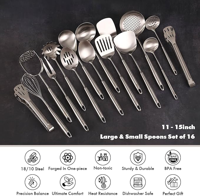 18/10 Stainless Steel Cooking Utensils Set - 16 PCS All Metal Serving Utensils, Kitchen Tools - Whisk, Masher, Fork, Tongs, Solid/Slotted Spoon, Spatula, Turner, Ladle, Skimmer, Pasta, Large Spoon Set