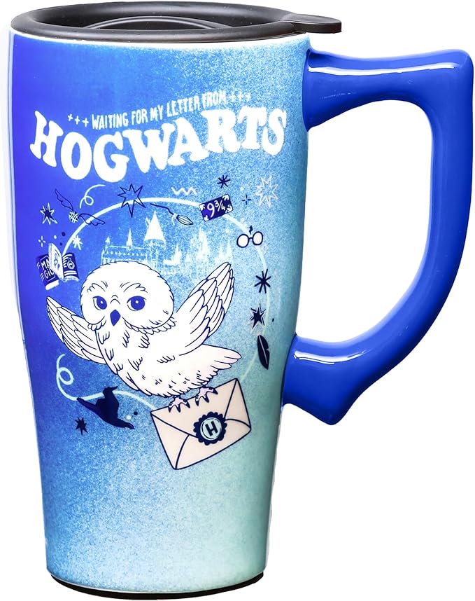 Spoontiques Hedwig Ceramic Travel Coffee Mug with Lid and Handle - Spill Proof Lid - Double Walled Mug for Hot and Cold Beverages - Microwave and Dishwasher Safe