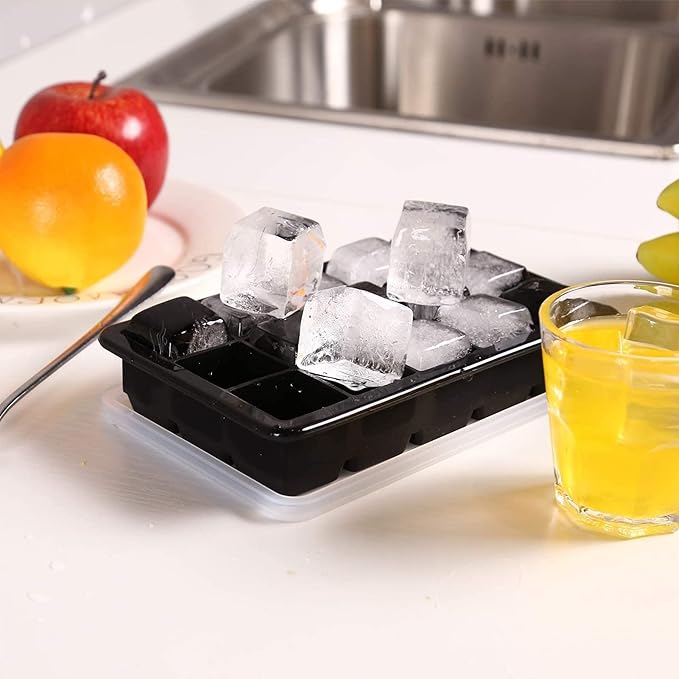 LessMo Ice Cube Tray with Lid 2 Pack, Silicone Ice Cube Molds, Easy Release 15 Square Ice Cube per Tray, BPA Free Flexible Reusable Stackable for Freezer, Whiskey, Chocolate, Baby Food, Juices, Black