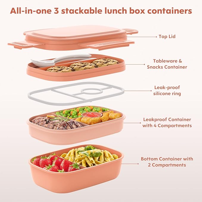 Bento Box Adult Lunch Box,3 Stackable Bento Lunch Containers for Adults/Kids, Modern Minimalist Design Bento Box with Utensil Set, Leak-Proof Lunchbox for Dining Out, Work, Picnic, School