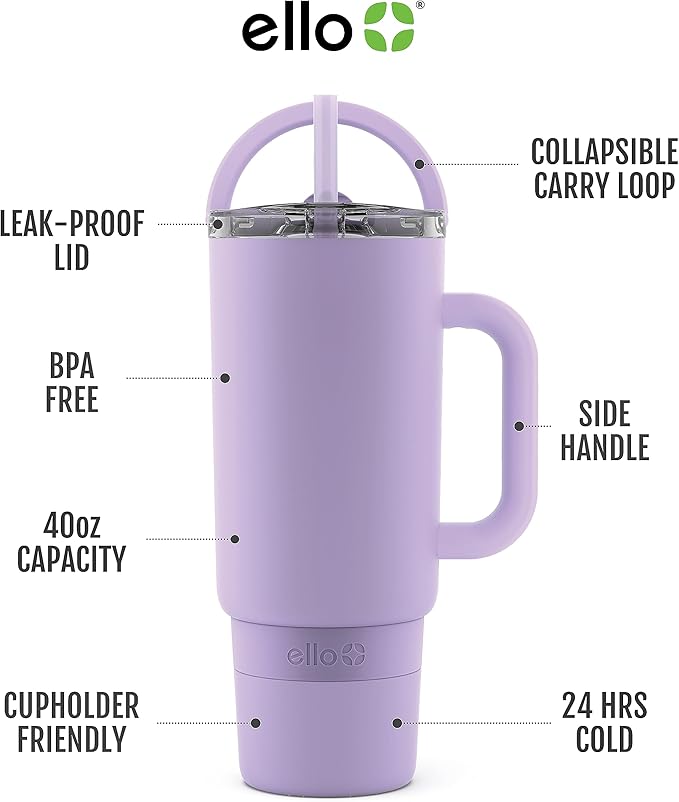 Ello Port 40oz Tumbler with Carry Loop & Integrated Handle, Vacuum Insulated Stainless Steel Reusable Water Bottle, Travel Mug with Leak Proof Lid & Straw, Perfect for Iced Coffee & Tea, Lilac