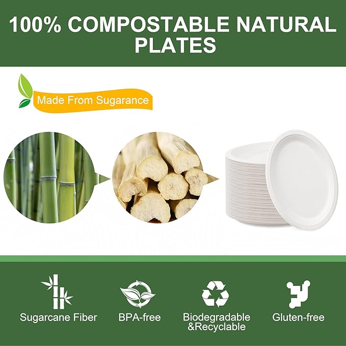 100% Compostable Oval Paper Plates 12 Inch, 125-Pack Large Heavy Duty Paper Plates Bulk,Biodegradable Bagasse,Eco-Friendly Disposable Dinner Plate for BBQ,Picnic,Party (BPI Certified,Microwaveable)