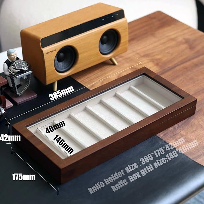 Knife Display Case Organizer storage 8 pocket knives, Folding Knife Holder with Real Glass Window Top， Pocket knife collection box for men gift (Walnut Veneer 8 slot)
