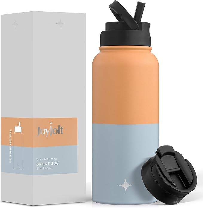 JoyJolt Triple Insulated Water Bottle with Straw Lid AND Flip Lid! 32oz Large Water Bottle, 12 Hour Hot/Cold Vacuum Insulated Stainless Steel Bottle. BPA-Free Leakproof Water Bottles - Thermos Bottle