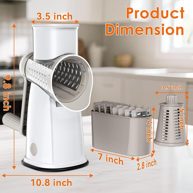 5 Blade Rotary Cheese Grater and Vegetable Chopper with Storage Box and Hand Crank, Compact Shredder for Cheeses, Veggies, Nuts - Easy to Use, Non-slip Suction Base,White