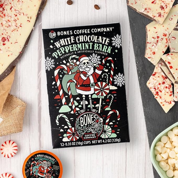 Bones Coffee Company White Chocolate Peppermint Bark Flavored Coffee Pods, Low Acid Medium Roast Single-Serve Bones Cups, Compatible with K-Cups Brewers Coffee Maker, 12 Count