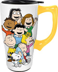 Spoontiques - Ceramic Travel Coffee Mug with Lid and Handle - Spill Proof Lid - Double Walled Mug for Hot and Cold Beverages - Microwave and Dishwasher Safe - Peanuts