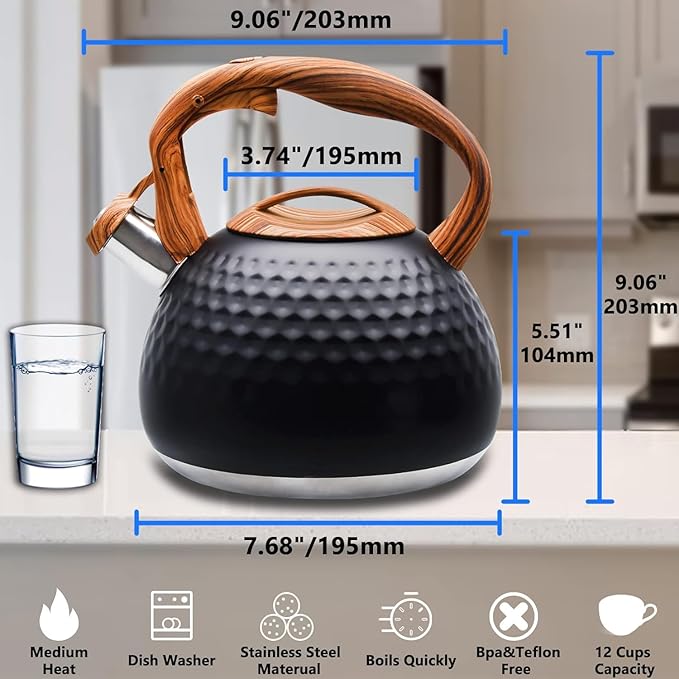 Tea Kettle Stovetop, 3.2 Qt Stainless Steel Whistling Kettle for Stove Top, Food Grade Teapot with Wood Pattern Handle for Coffee, Milk etc, Gas Electric Applicable (Black)