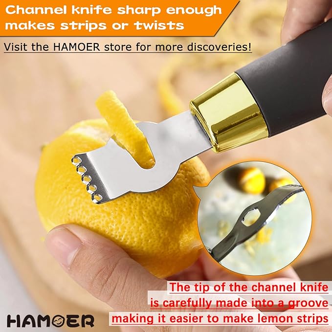 Zester Grater & Channel Knife Kitchen Bar Tool Set for Parmesan Cheese Lemon Garlic Nutmeg Chocolate Citrus Cucumber Radish Ginger Crushed Scraping Rubber Ergonomic Curved Handle Black