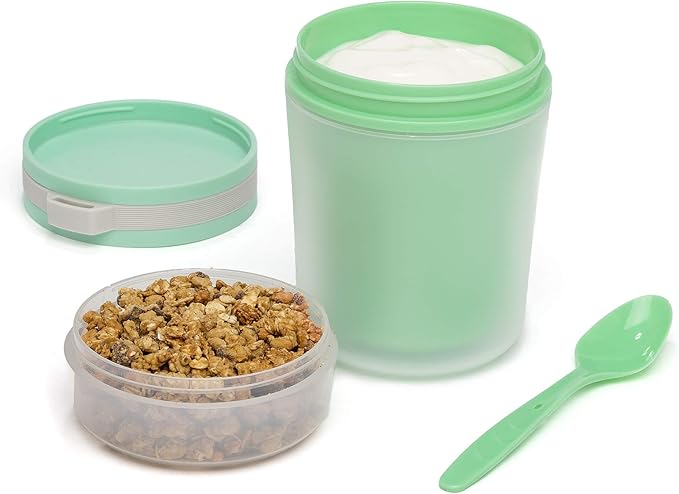 Goodful Double Wall Insulated Yogurt Container, Leak Proof Food Storage, Snack Container with Reusable Plastic Spoon, Microwave Safe, Dishwasher safe, Freezer Safe, 14-Ounce, Green