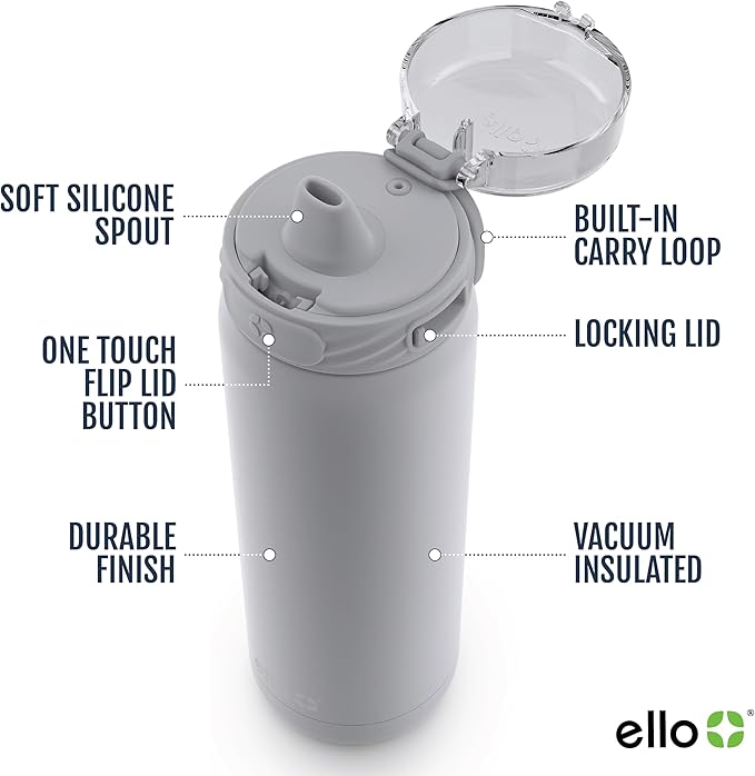 Ello Cooper 18oz Kids Stainless Steel Water Bottle with Straw and Carry Handle, Double Walled and Vacuum Insulated Metal, Leak Proof Locking Lid with Soft Silicone Spout, Reusable, BPA Free, Gray