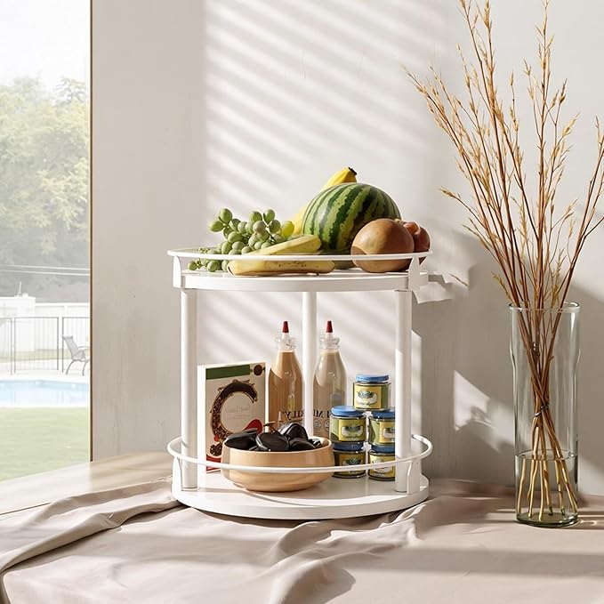 Lazy Susan Organizer, Rotating Spice Rack, 2 Tier Spice Turntable Organizer, Industrial Turntable Spice Holder, for Kitchen Countertop, Compact and Versatile, White SR22WW