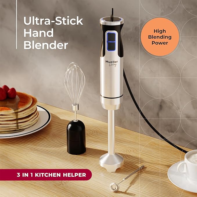 MuellerLiving Immersion Handheld Stick Blender: 8-Speed Stainless Steel Electric, 3-in-1 Turbo Mode for Soup, Smoothies, and Purée.