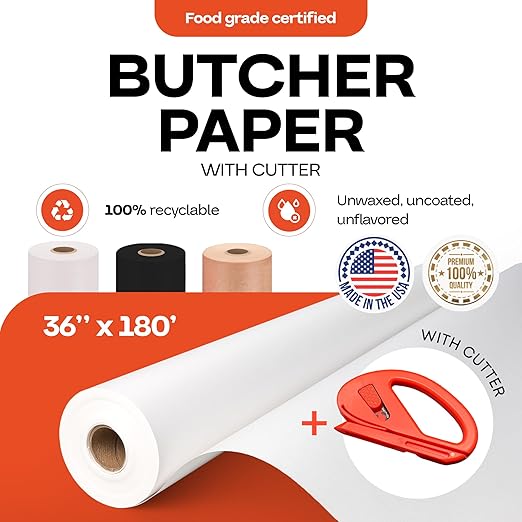 White Butcher Paper 36" x 2160" (180 feet) with Cutter - USA-Made Natural Butcher Paper Roll for Meat and Fish - Uncoated, Unwaxed & Food-Grade Material for Smoker, Grilling & BBQ by IDL Packaging