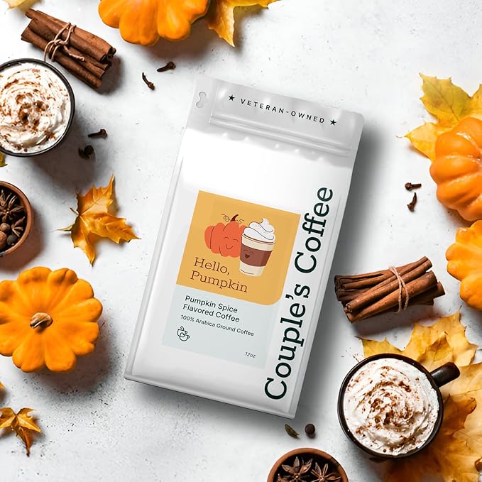 Couple’s Coffee Flavored Ground Coffee | Medium Roast Pumpkin Spice Fall Coffee | Gives Back to Military Families | Hello Pumpkin | Made with 100% Arabica Beans | 12oz bag