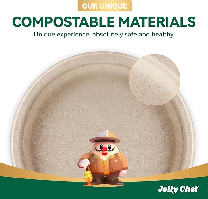 JOLLY CHEF Compostable Heavy Duty Plates 𝟭𝟬 𝗜𝗻𝗰𝗵 [𝟯𝟬𝟬 𝗣𝗮𝗰𝗸] Eco-Friendly Disposable Paper Plates Made of Bagasse Biodegradable Bulk for Party Dinner Sugarcane Thanksgiving Day (Natural)