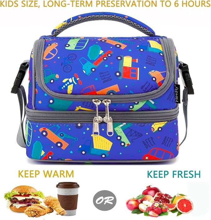 FlowFly Kids Double Decker Cooler Insulated Lunch Bag Large Tote for Boys, Girls, Men, Women, With Adjustable Strap, Car