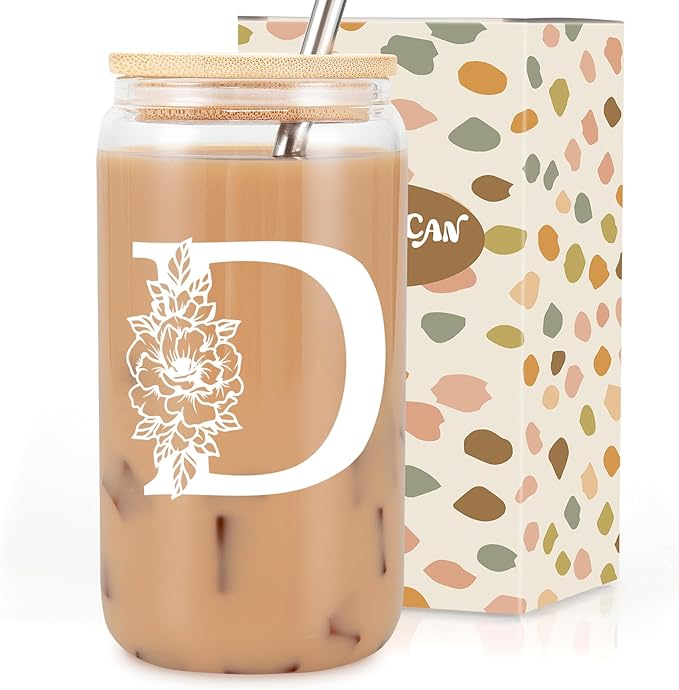 Coolife Initial Glass Cup, Monogrammed Gifts for Women, 16 oz Glass Cups w/Lids Straws, Iced Coffee Smoothie Beer Tumbler w/Straw Lid - Personalized Christmas, Birthday Gifts for Her Mom Friend Woman