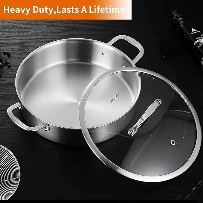 DELARLO Stainless Steel Pans,6QT Saute Pan,12 inch Everyday Pan with Lid,Dishwasher-Friendly Braiser,Stay-Cool Handles,Oven-Safe Up to 660℉