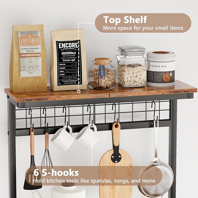 Furologee Kitchen Bakers Rack with Hutch, Coffee Bar Station 4 Tiers, Microwave Oven Stand with 6 S Hooks and Pegboard, Kitchen Microwave Rack for Spice Organizer Workstation, Rustic Brown