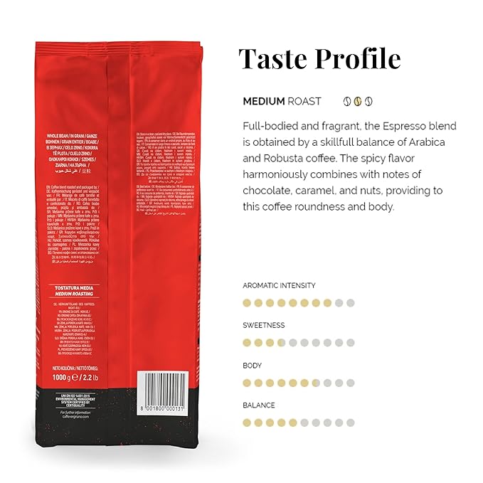 Caffe Vergnano 1882 Espresso Whole Bean Arabica Roast Coffee, 2.2 lb bag - Italian Medium Roast Coffee Beans with notes of Chocolate, Nuts & Caramel, Intensity 7/10-1000g Bag (2 Pack)