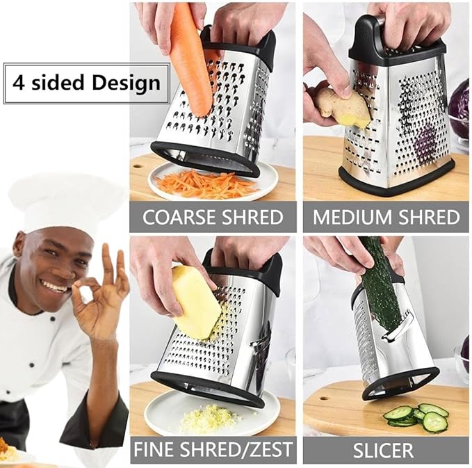 Stainless Steel 4 Sides Grater Slicer with Handle, Multifunctional Cutter Planing for Ginger, Garlic, Cucumbers, Carrots, Cheese, Potato, Ergonomic Design Kitchen Gadgets Accessories（Red）